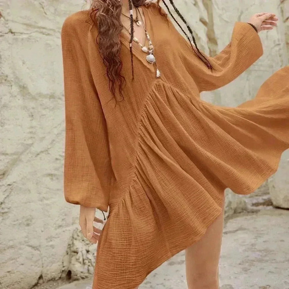 Khaki Boho Women's Lantern Sleeve Back Tie-Up Dress Clothing - Picture 1 of 8